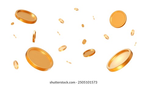 3d flying gold shiny coins with effect bokeh on white isolated background. Rich or casino luck concept. Precious expensive treasure. Stock vector illustration.	