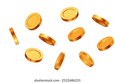 3d flying gold shiny coins on white isolated background. Rich or casino luck concept. Precious expensive treasure. Stock vector illustration.	
