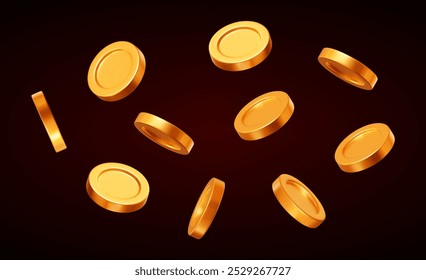 3d voando moedas brilhantes de ouro no fundo escuro isolado. Rico ou conceito de sorte do cassino. Precioso tesouro caro. Ilustração do vetor de estoque.	
