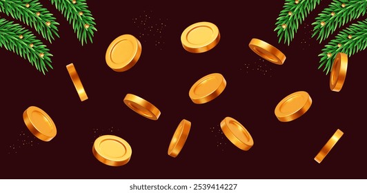 3d flying gold shiny coins with Christmas tree brancheson vinous isolated background. Rich or casino luck concept. Precious expensive treasure. Stock vector illustration.	
