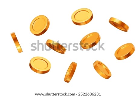 3d flying gold shiny coins on white isolated background. Rich or casino luck concept. Precious expensive treasure. Stock vector illustration.	
