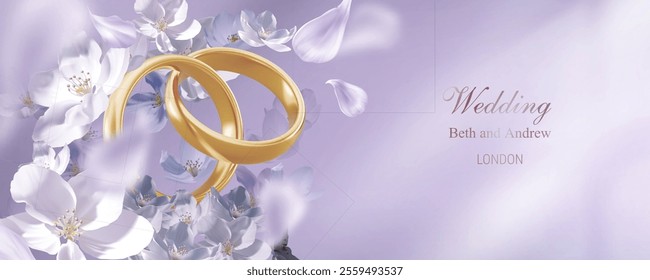 3d flying gold wedding jewelry ring background. Floral couple invitation for engagement ceremony. Luxury beautiful bride card with golden marry jewellery. Anniversary greeting bg with silver petal