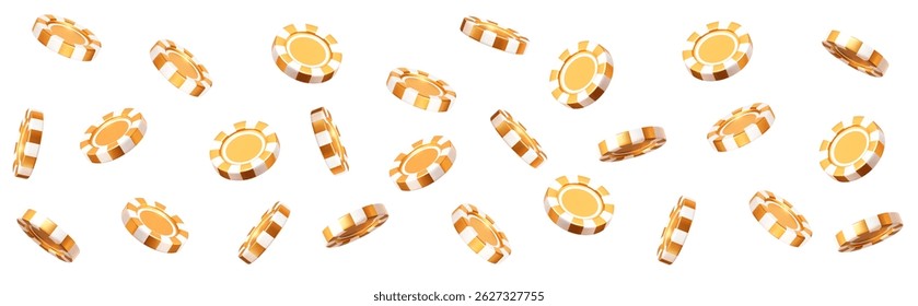 3d flying golden casino poker chips with different angles. Gold and white chips for betting and gambling games. Stock vector illustration on isolated background.	