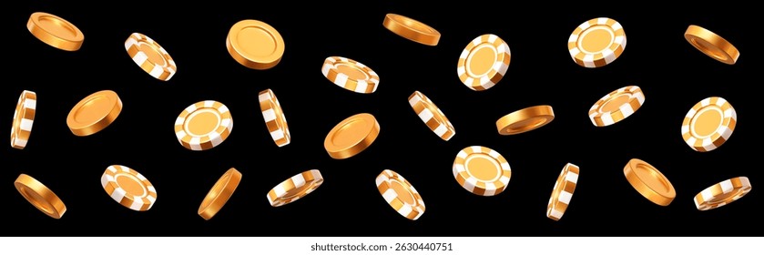 3d flying golden casino poker chips and coins with different angles. Gold and white chips for betting and gambling games. Stock vector illustration on black isolated background.	