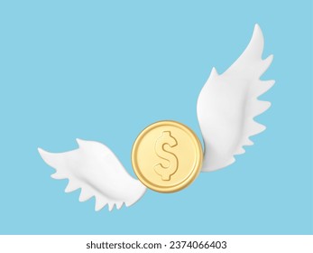 3D flying golden coin with white wings isolated on blue background. Vector 3d illustration