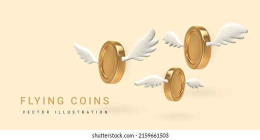 3d Flying Golden Coin With Wings Isolated On A White Background. Vector Illustration.