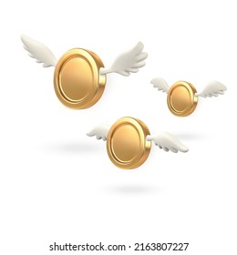 3d flying golden coin with wings isolated on a white background. Vector illustration.