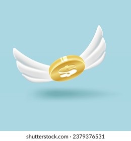 3d flying golden coin with wings isolated on a white background. Vector illustration.