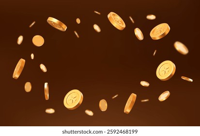 3d flying golden coins with clover leaves. St. Patrick's Day shiny element. Rich or casino luck concept. Precious expensive treasure. Stock vector illustration on brown isolated background.	
