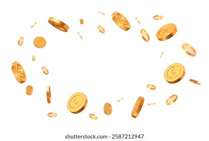 3d flying golden coins with euro sign with different angles. Stock vector illustration on isolated background.	
