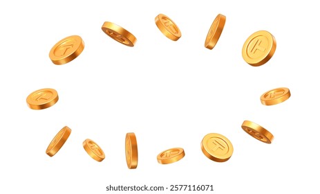 3d flying golden coins of Kazakhstan tenge currency. Rich or casino luck concept. Precious expensive treasure. Stock vector illustration on isolated background.	
