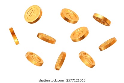 3d flying golden coins of Kazakhstan tenge currency. Rich or casino luck concept. Precious expensive treasure. Stock vector illustration on isolated background.	
