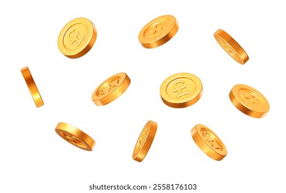 3d flying golden coins with pound sterling sign. Currency of United Kingdom. Precious expensive treasure. Stock vector illustration.	