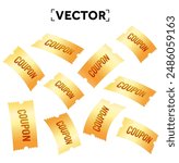 3d flying golden coupons with coupon code, isolated on white background. Rain of yellow coupons. 3d Vouchers for special promotion, price off event. Vector illustration.