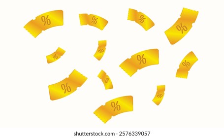 3D flying golden coupons with percent price off, coupon code, isolated on white background. Flying giveaway gift vouchers banner template. 