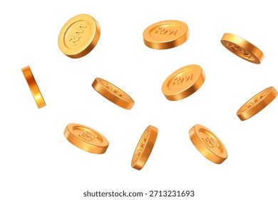 Monedas de oro voladoras 3D Ringgit malasias con diferentes ángulos. Ilustración vectorial de stock sobre fondo aislado.