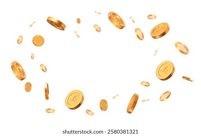 3d flying golden Saudi riyal coins with different angles. Stock vector illustration on isolated background.	
