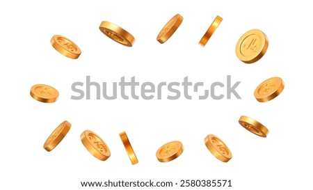 3d flying golden Saudi riyal coins with different angles. Stock vector illustration on isolated background.	
	