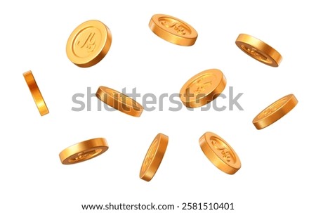 3d flying golden Saudi riyal coins with different angles. Stock vector illustration on isolated background.
