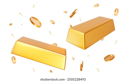 3d flying golden shiny bars and coins with effect bokeh on white isolated background. Rich or casino luck concept. Precious expensive treasure. Stock vector illustration.	