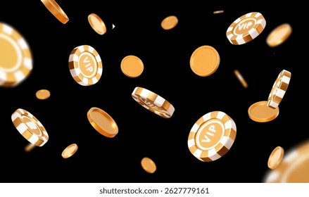 3d flying golden VIP casino poker chips and coins with different angles. Gold and white chips for betting and gambling games. Stock vector illustration on black isolated background.	
