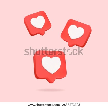 3d flying heart social textbox, love emoticons in minimal style, isolated on background. Love emoji icons in 3d vector