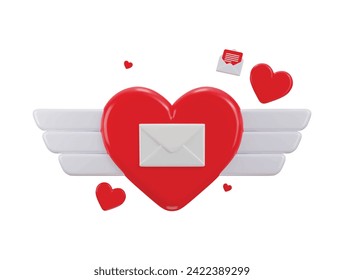 3d flying hearts with wings and love letter envelope icon vector illustration