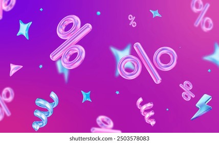 3D fliegende Neonprozentzeichen mit Sternen auf holografischem, isoliertem Hintergrund. Stockvektorgrafik.	