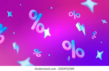 3d flying neon percent signs with stars on holographic isolated background. Stock vector illustration.	