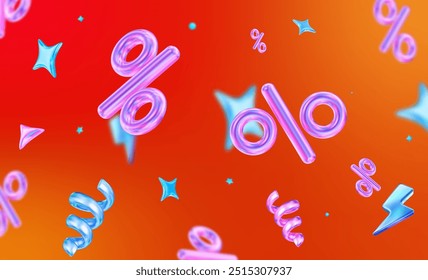 3d flying neon percent signs with stars on orange holographic isolated background. Stock vector illustration.	