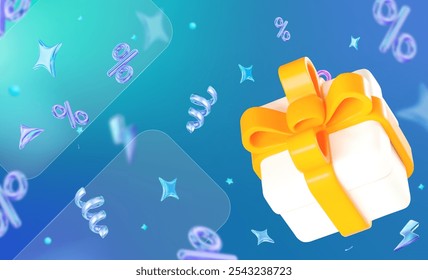 3d flying neon percent signs with gift box, stars on holographic isolated background. Stock vector illustration.	