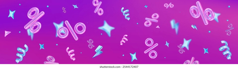 3d flying neon percent signs with stars on holographic isolated background. Horizontal banner. Stock vector illustration.	