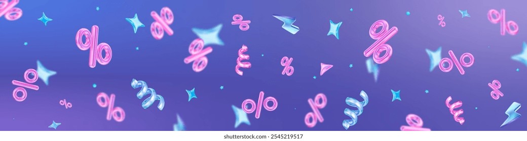 3d flying neon percent signs with stars on holographic isolated background. Horizontal banner. Stock vector illustration.	