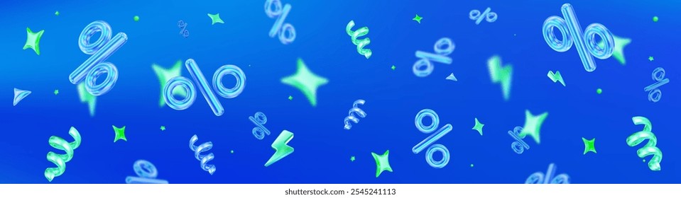 3d flying neon percent signs with stars on blue holographic isolated background. Horizontal banner. Stock vector illustration.	