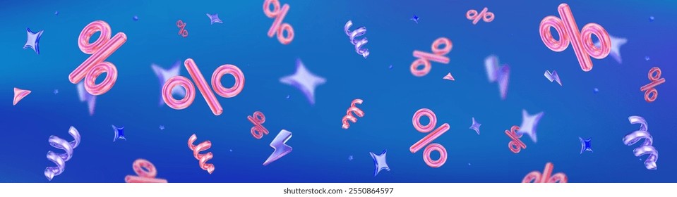 3d flying neon percent signs with stars on blue holographic isolated background. Horizontal banner. Stock vector illustration.	