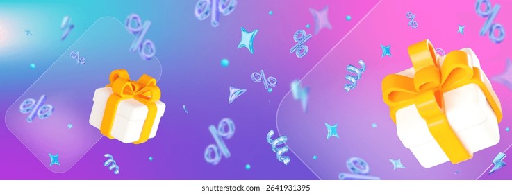 3d flying neon percent signs with gift box, stars on holographic isolated background. Stock vector illustration.	