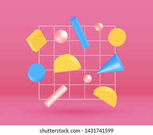 3d flying objects with realistic wire mesh background - vector. Design Elements for Web, Internet, App, Advertisement, Promotion.