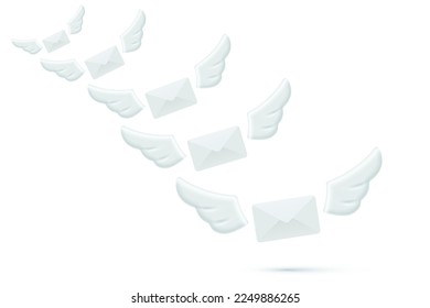 3D flying paper envelopes with wings, mail delivery vector illustration. Abstract isolated postal messages fly in air to send email letter, newsletter or romantic SMS, party or holiday invitation