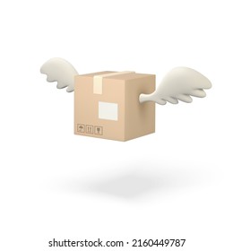 3.ª parcela voladora con alas. Envase de envío de cartón. Concepto de servicio de entrega. Ilustración vectorial.