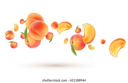 3d Flying Peaches On White. Vector Realistic Illustration