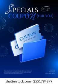 3D fliegende Platin Coupons in einem blauen Minimalordner, einzeln auf dunklem Hintergrund mit Feuerwerk-Effekt. Premium-Geschenkgutschein-Ordner-Symbol in 3D-Vektor