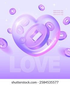 3d flying purple coins inside a transparent heart, isolated on background. Unlimited cashback coins banner template in 3d vector