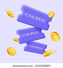 Cupón púrpura volador 3D con monedas de oro, insignia o etiqueta porcentual, aislado sobre fondo pastel. 3d voucher de regalo de vuelo para la Ilustración vectorial de eventos de devolución de dinero