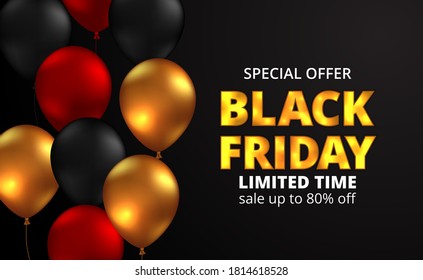 3d flying red, black, golden balloon party for sale offer discount black friday event poster banner template