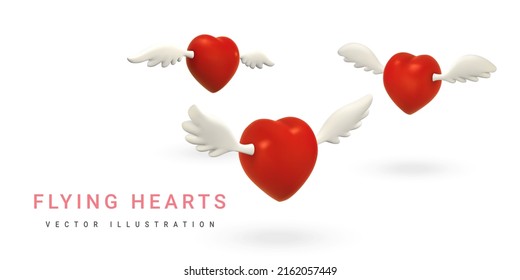 3d flying red hearts with wings on light background. Valentines day concept. Vector illustration.