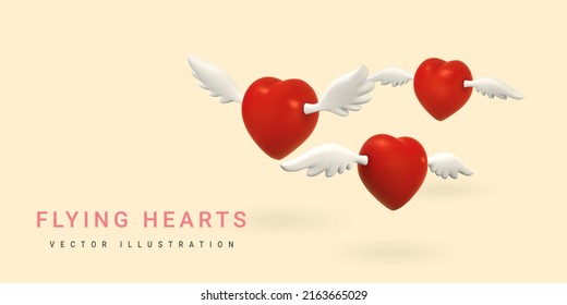 3 d corazones rojos voladores con alas sobre fondo claro. Concepto de San Valentín. Ilustración vectorial.