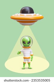 3D flying saucer, alien extends his hand. Flying disc with transport humanoid beam. Dangerous contact. Vertical concept in cartoon style. Illustration on green background