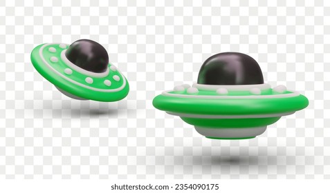 3D flying saucer with black opaque dome. Vector object in different positions. Isolated image with shadows. Alien flying machine, UFO. Green space vehicle