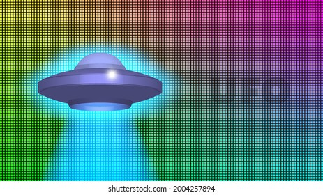 3d flying saucer in a bright blue glow on an abstract colored checkered background. Inscription UFO