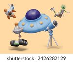 3D flying saucer, green alien in spacesuit, rover, telescope, astronaut flying on rocket